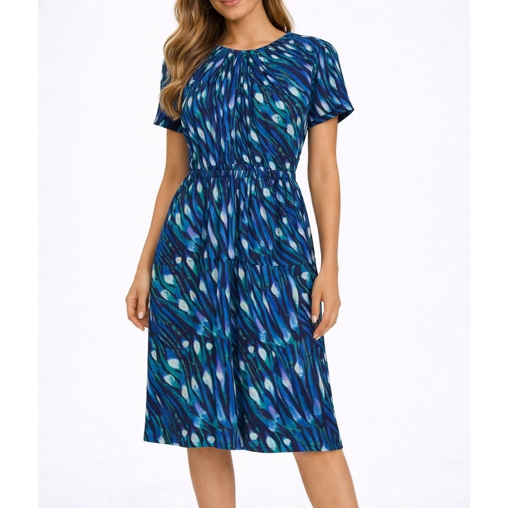 TORY BURCH 100% Silk Dress‎ Size 2 Blue Green Watercolor Short Sleeve Cocktail